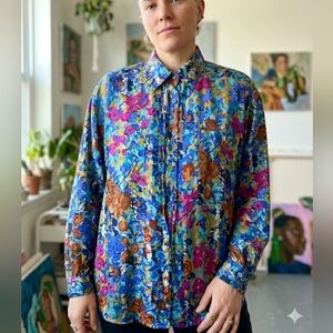 VTG Protest 100% Silk Abstract Floral Indie Artsy Maximalist Shirt Indie Unisex